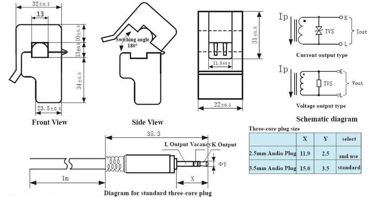 Stroommeter module non-invasive analoog SCT-013 afmetingen